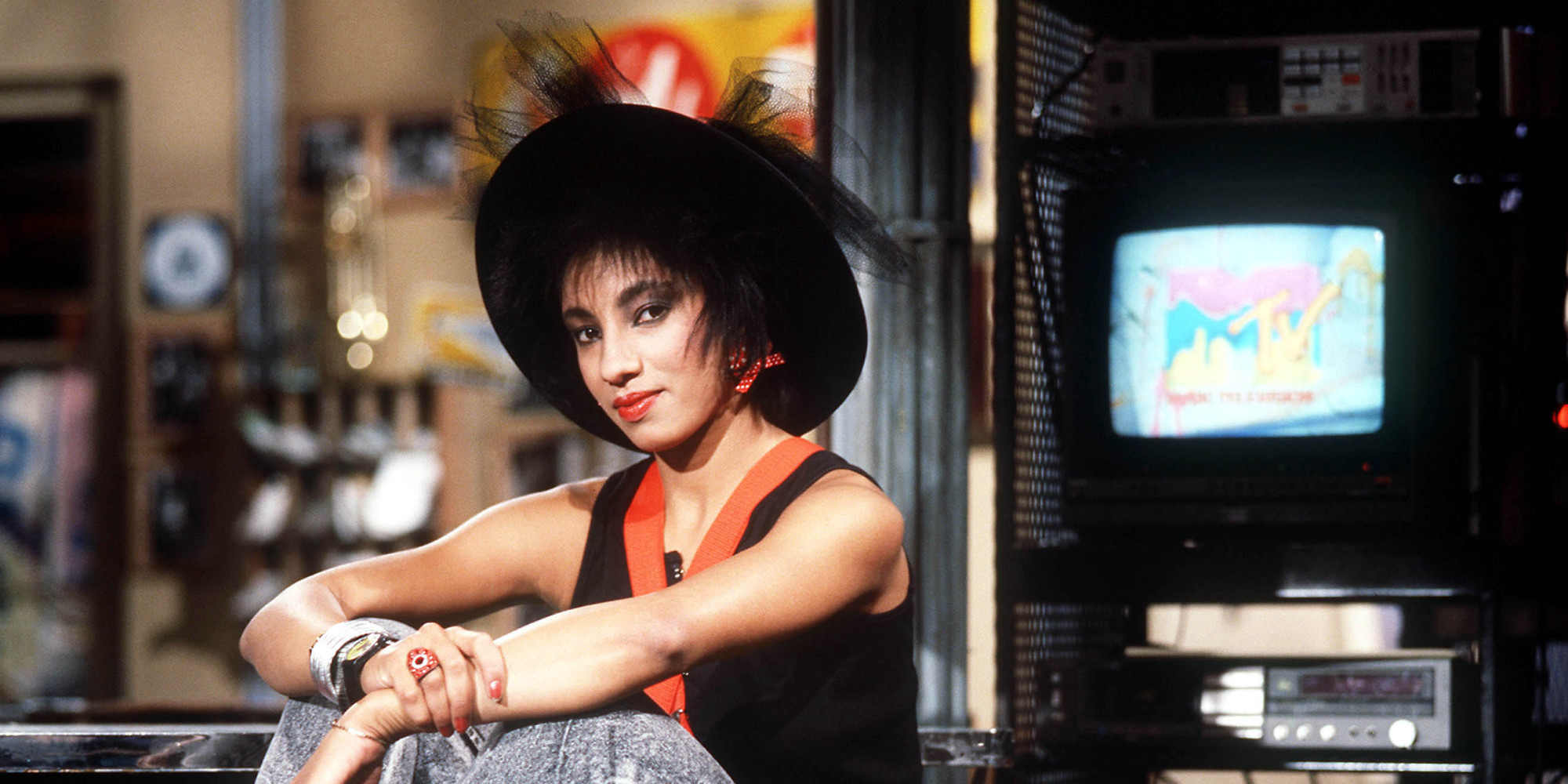 MTV VJ Downtown Julie Brown on the set in MTV's New York Studio in 1988. Photo by Frank Micelotta/ImageDirect.